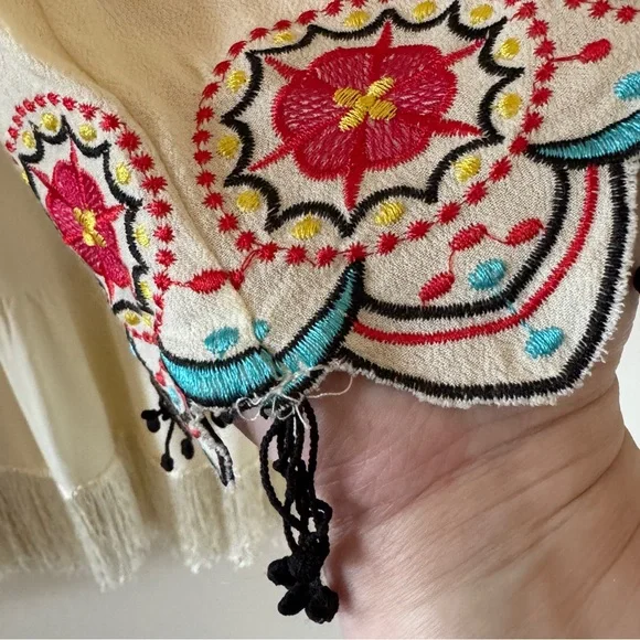 Boho Embroidered Peasant Dress Cream Fringe Festival Tunic Midi S - Picture 7 of 14